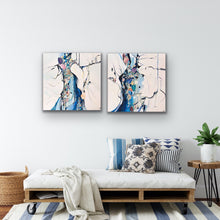 Load image into Gallery viewer, Abstract painting with white background and small multicoloured detail.  In situ on a white wall with a matching painting.
