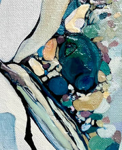 Load image into Gallery viewer, Detail view of abstract canvas painting featuring textured brushstrokes of deep teal, blue, cream, green, and black, with organic shapes and pebble-like accents.
