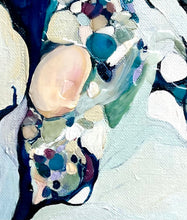 Load image into Gallery viewer, Detail view of an abstract canvas painting with textured impasto brushstrokes in white, pale blue, teal, navy, beige, and soft purple accents.
