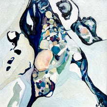 Load image into Gallery viewer, Abstract canvas painting rendered with expressive brushstrokes and textured impasto paint in navy, white, black, pale blue, beige, and soft green tones.
