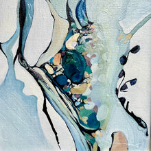 Load image into Gallery viewer, Abstract canvas painting featuring organic, marbled shapes in shades of blue, teal, cream, beige, and black, with textured impasto brushstrokes.
