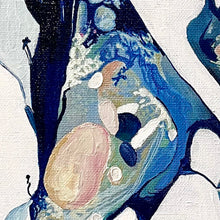 Load image into Gallery viewer, Small abstract painting of a rock pool on a white background with shades of blue and aqua with multicoloured detail. Detail view.
