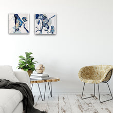 Load image into Gallery viewer, Abstract oil painting on a white background in blue, aqua and turquoise. In situ view on a white wall with matching painting.
