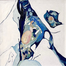 Load image into Gallery viewer, Small abstract painting of a rock pool on a white background with shades of blue and aqua with multicoloured detail.
