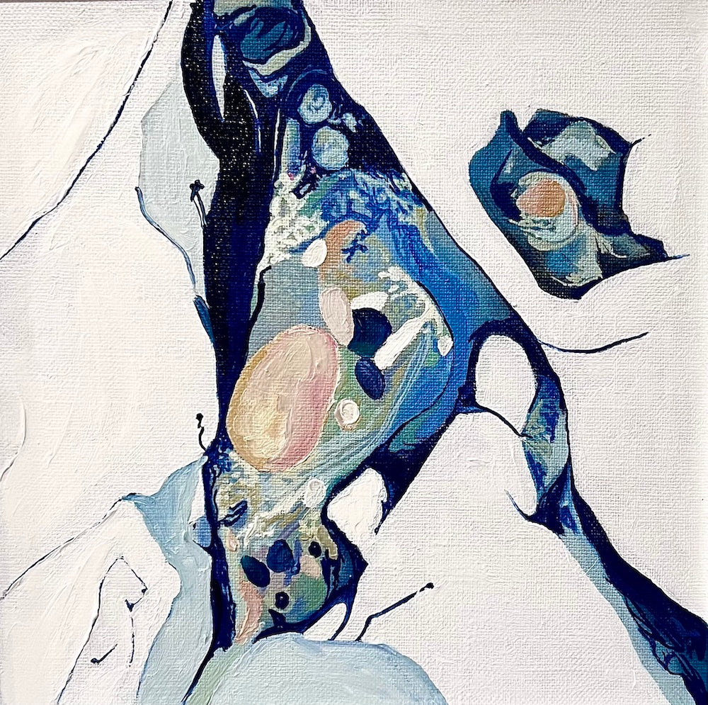 Small abstract painting of a rock pool on a white background with shades of blue and aqua with multicoloured detail.