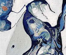 Load image into Gallery viewer, A rock pool painted in abstract style on a white background with shades of blue and aqua with coloured detail. Close up view.
