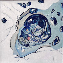 Load image into Gallery viewer, A rock pool painted in abstract style on a white background in shades of blue with coloured detail in the centre.
