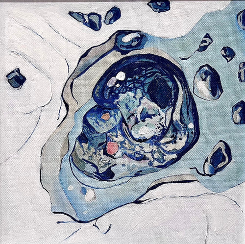 A rock pool painted in abstract style on a white background in shades of blue with coloured detail in the centre.