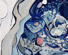 Load image into Gallery viewer, A rock pool painted in abstract style on a white background in shades of blue with coloured detail in the centre. Detail view.
