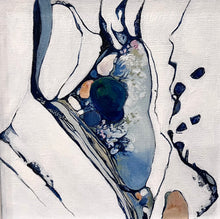 Load image into Gallery viewer, Small oil painting of a rock pool in an abstract style on a white background in shades of blue and multicoloured detail.
