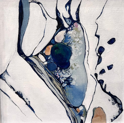 Small oil painting of a rock pool in an abstract style on a white background in shades of blue and multicoloured detail.