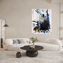 Load image into Gallery viewer, Abstract oil painting on an off-white background in dominant shades of Navy, royal blue and lighter blue on beige wall.
