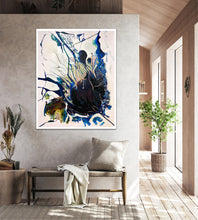 Load image into Gallery viewer, Abstract oil painting on an off-white background in dominant shades of Navy, royal blue and lighter blue, on dividing wall.
