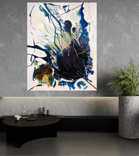 Load image into Gallery viewer, Abstract oil painting on an off-white background in dominant shades of Navy, royal blue and lighter blue, on grey wall.
