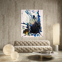 Load image into Gallery viewer, Abstract oil painting on an off-white background in dominant shades of Navy, royal blue and lighter blue on living room wall.
