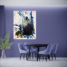 Load image into Gallery viewer, Abstract oil painting on an off-white background in dominant shades of Navy, royal blue and lighter blue on purple wall.
