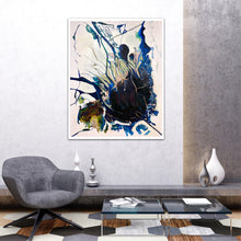 Load image into Gallery viewer, Abstract oil painting on an off-white background in dominant shades of Navy, royal blue and lighter blue on sitting room wall.
