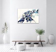 Load image into Gallery viewer, Abstract oil painting on a white background in shades of blue, cream and green with multicoloured detail, on a white dividing wall.
