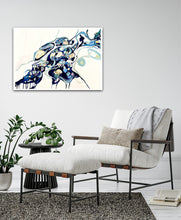 Load image into Gallery viewer, Abstract oil painting on a white background in shades of blue, cream and green with multicoloured detail, on a pale grey wall.
