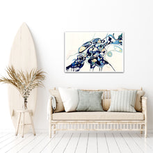 Load image into Gallery viewer, Abstract oil painting on a white background in shades of blue, cream and green with multicoloured detail, on a sitting room wall.
