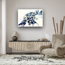 Load image into Gallery viewer, Abstract oil painting on a white background in shades of blue, cream and green with multicoloured detail, on a taupe coloured wall.
