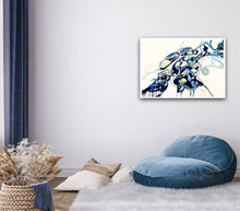 Load image into Gallery viewer, Abstract oil painting on a white background in shades of blue, cream and green with multicoloured detail, in situ view on a wall.
