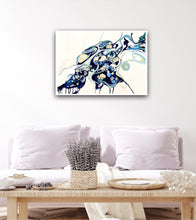 Load image into Gallery viewer, Abstract oil painting on a white background in shades of blue, cream and green with multicoloured detail, on a white wall.
