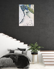 Load image into Gallery viewer, Abstract painting of rock pools along the edge of the ocean in shades of white, blue and green. In situ on a dark grey wall above a staircase.
