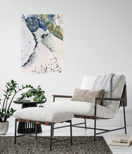 Load image into Gallery viewer, Abstract painting of rock pools along the edge of the ocean in shades of white, blue and green. In situ on a white wall.
