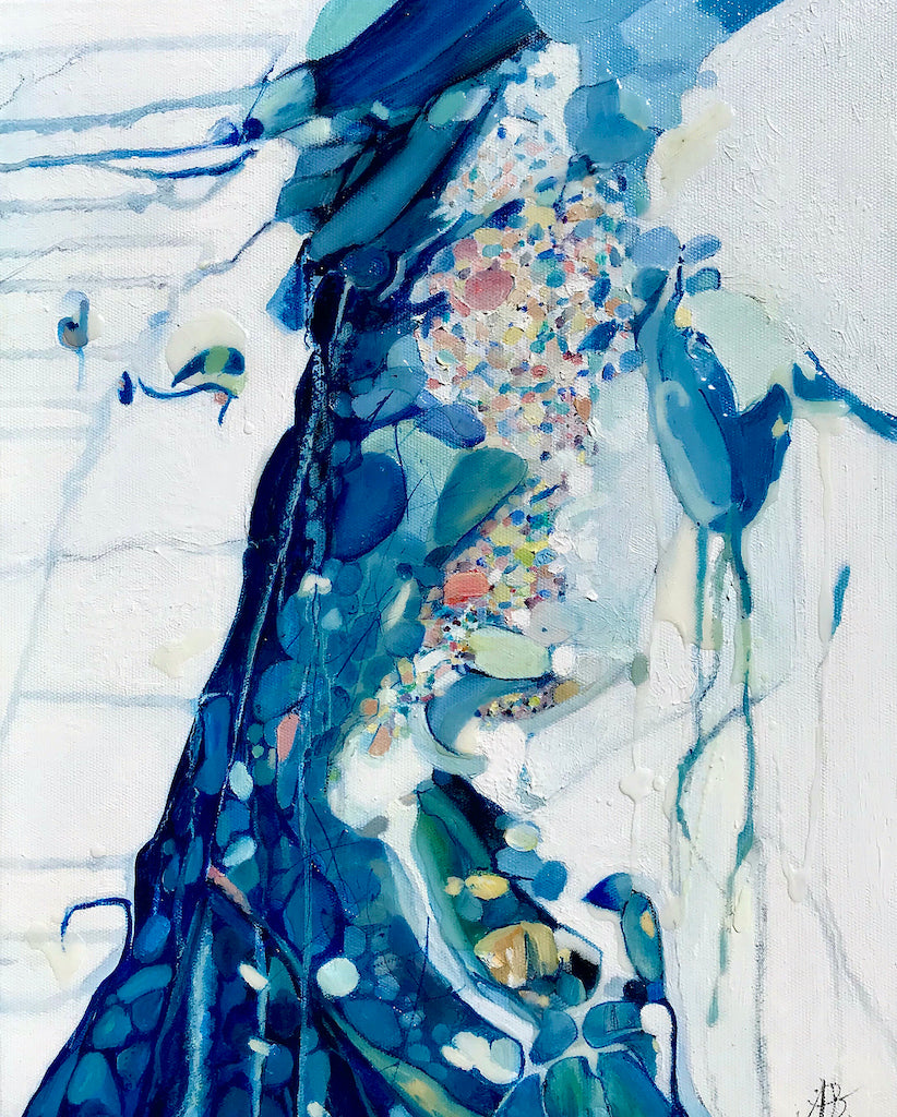 This artwork reflects water moving through rockpools, captivating us all, a crevice of detail with trickles of water alive, threading through with each changing tide. A stunning work in shades of blue, aqua, turquoise, white and cream.