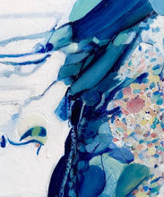 Load image into Gallery viewer, Changing Tide detail. A representation of water moving through rockpools, captivating us all, a crevice with trickles of water alive, threading through with each changing tide. A stunning work in shades of blue, aqua, turquoise, white and cream.
