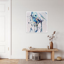 Load image into Gallery viewer, Abstract painting with a background of mostly white with blues and multi coloured detail. In situ on a pale grey wall.
