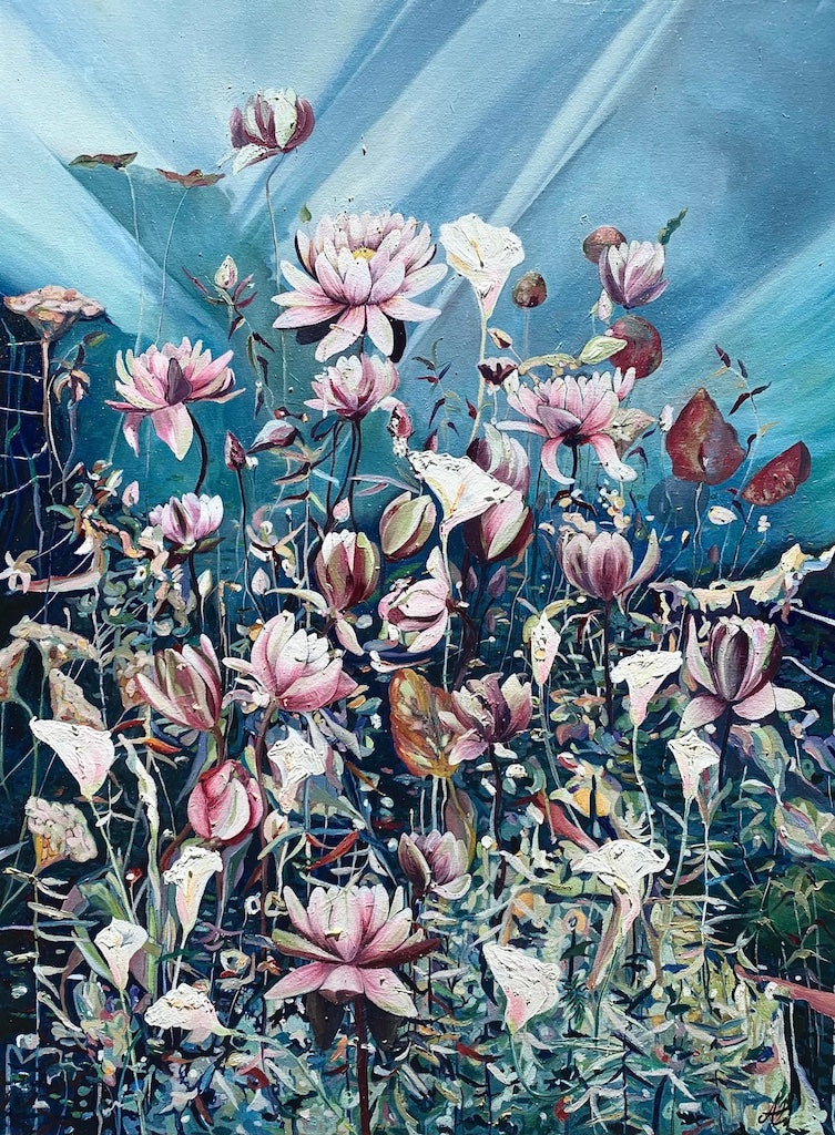 Abstract artwork depicting water flowers with woven details of creative plant life in shades of blue and pink. 