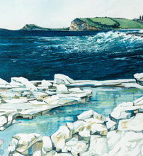 Load image into Gallery viewer, Coastal scene looking towards Werri Beach NSW, with a white rock platform, ocean swell and waves in the foreground, red cliffs in the background and a grassy headland with pine trees in the distance. Detail.
