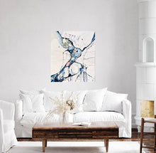 Load image into Gallery viewer, Abstract sea pool in shades of white, blue and small detail of multi colours. In situ on a white living room wall.
