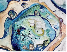 Load image into Gallery viewer, Abstract rockpool in shades of blue, green, turquoise, citrus, pink and white. Shown in close up view.
