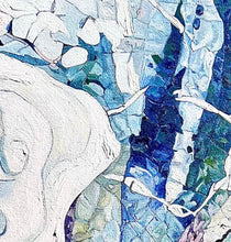 Load image into Gallery viewer, Abstract oil painting in white and blue with small multi-colours depicting stained glass. Detail view.
