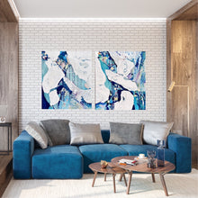 Load image into Gallery viewer, Abstract oil painting in white and blue with small multi-colours depicting stained glass. In situ on a white brick wall next to matching painting Stained Glass II.
