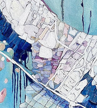 Load image into Gallery viewer, Abstract painting in white and blue with small multi-colours depicting stained glass. Detail View
