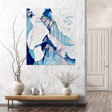 Load image into Gallery viewer, Abstract painting in white and blue with small multi-colours depicting stained glass. In situ on a dividing wall.
