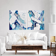 Load image into Gallery viewer, Abstract painting in white and blue with small multi-colours depicting stained glass. In situ on a white wall next to matching artwork, Stained Glass II

