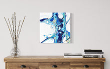 Load image into Gallery viewer, Abstract painting of a rock pool in shades of blue, aqua, turquoise, pink ochre yellow and white. In Situ on a pale grey wall.
