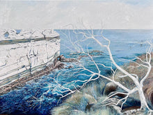 Load image into Gallery viewer, Abstract painting showing a headland jutting out into the ocean, in shades of blue and white.
