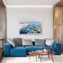 Load image into Gallery viewer, Abstract painting showing a headland jutting out into the ocean, in shades of blue and white. In situ on a white brick living room wall.
