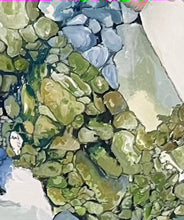 Load image into Gallery viewer, Abstract painting of rock pools along the edge of the ocean in shades of white, blue and green. Detail view.
