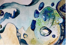 Load image into Gallery viewer, Contemporary abstract painting in shades of blue, turquoise, teal and sand. Shown in close up view.
