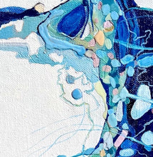 Load image into Gallery viewer, Abstract painting of a rock pool in shades of blue, aqua, turquoise, pink ochre yellow and white. Detail view.
