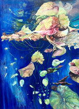 Load image into Gallery viewer, Abstract oil painting of water dwellers in mixed medium on canvas in royal blue and shades of green, pink and yellow.
