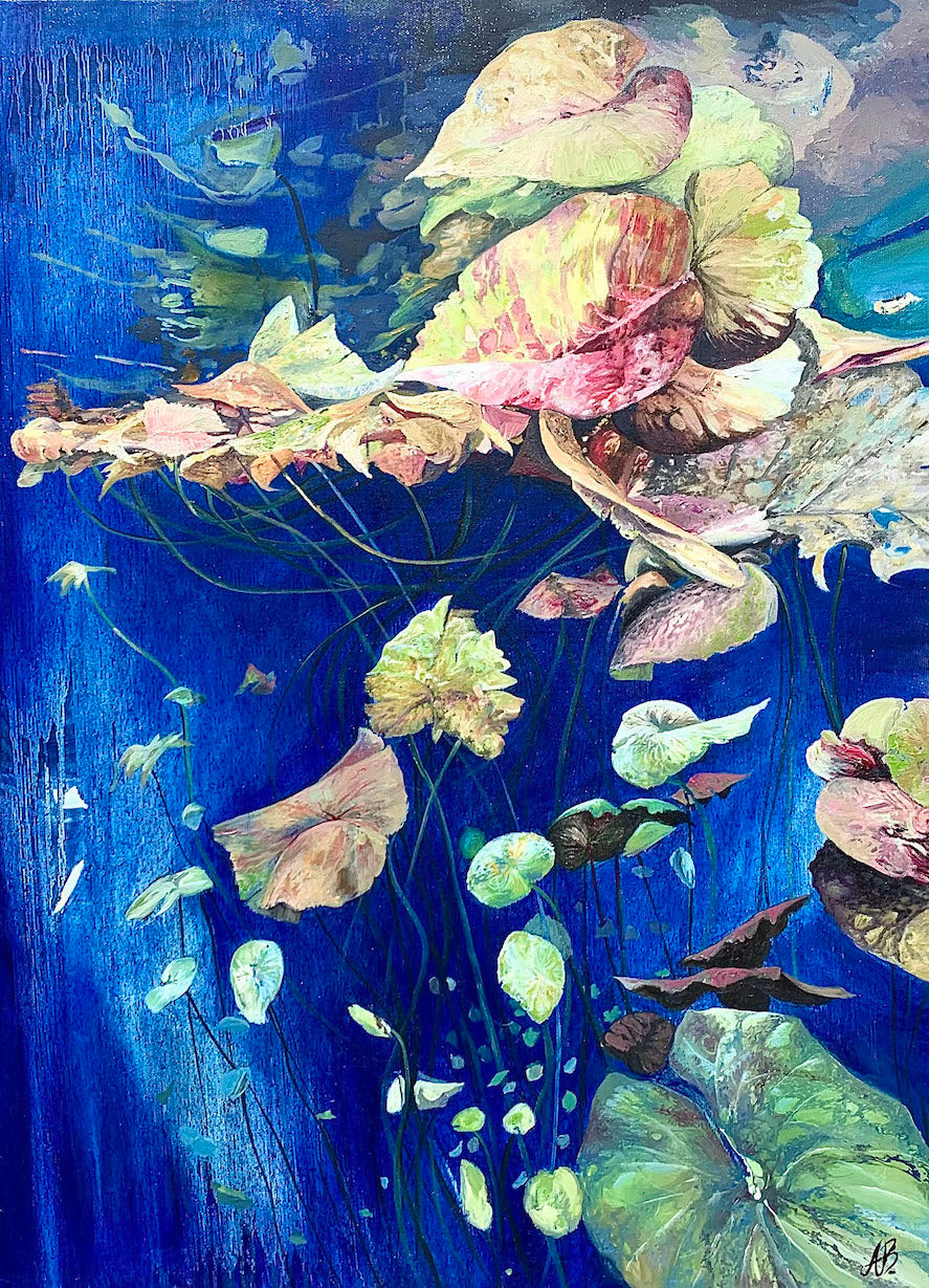 Abstract oil painting of water dwellers in mixed medium on canvas in royal blue and shades of green, pink and yellow.