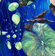 Load image into Gallery viewer, Bottom section of water dwellers, an abstract oil painting, mixed media on canvas. Royal blue with shades of green, pink and yellow.
